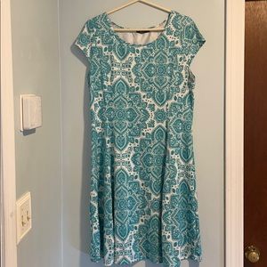 Teal & White Damask print dress. Slightly stretchy